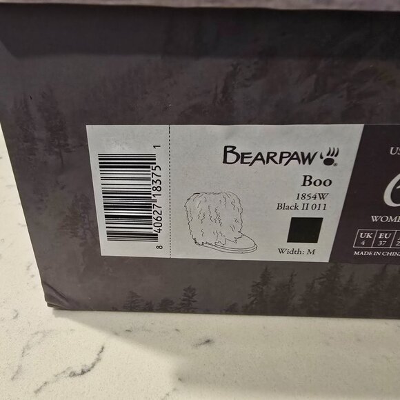 BEARPAW BOO Women's Ankle Furry Boots US 6 Black Suede Curly Lamb Sheepskin - Picture 11 of 16